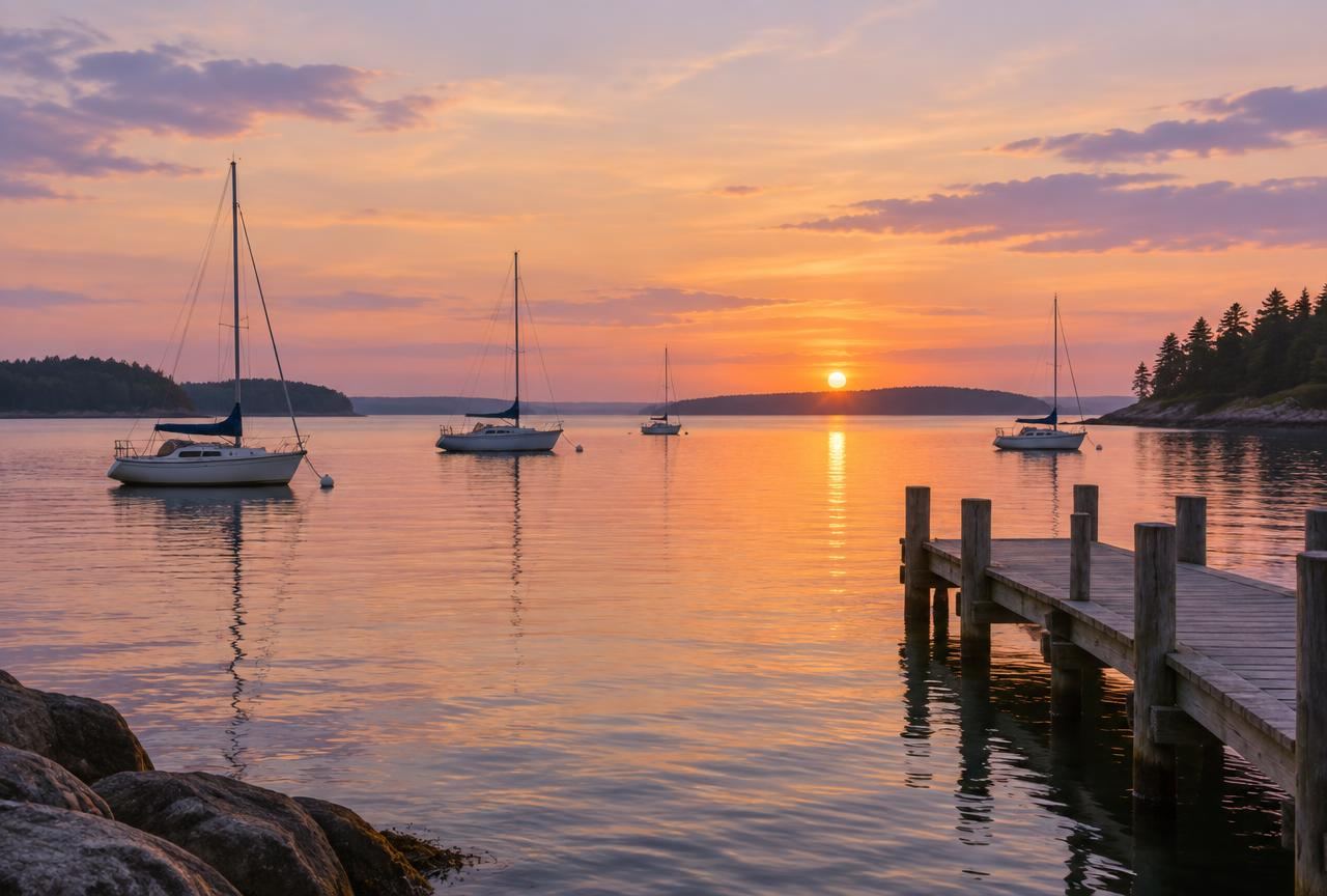 Small sailboats on a calm bay at sunset beside a wooden dock