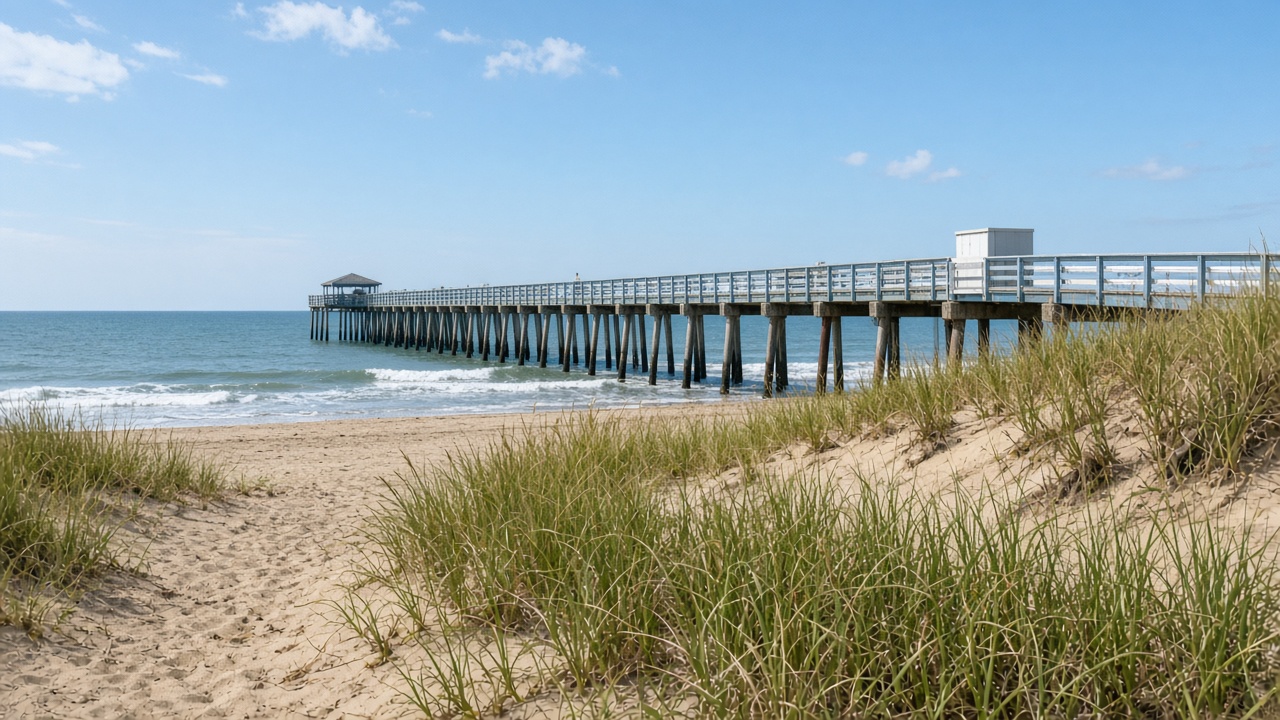 Dune grass on Belmar's beach with a long fishing pier in the background