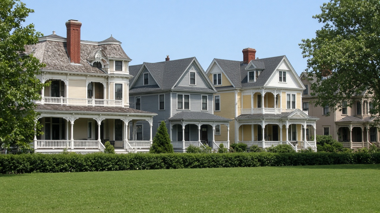 Large Victorian homes with porches behind a green lawn in Bradley Beach