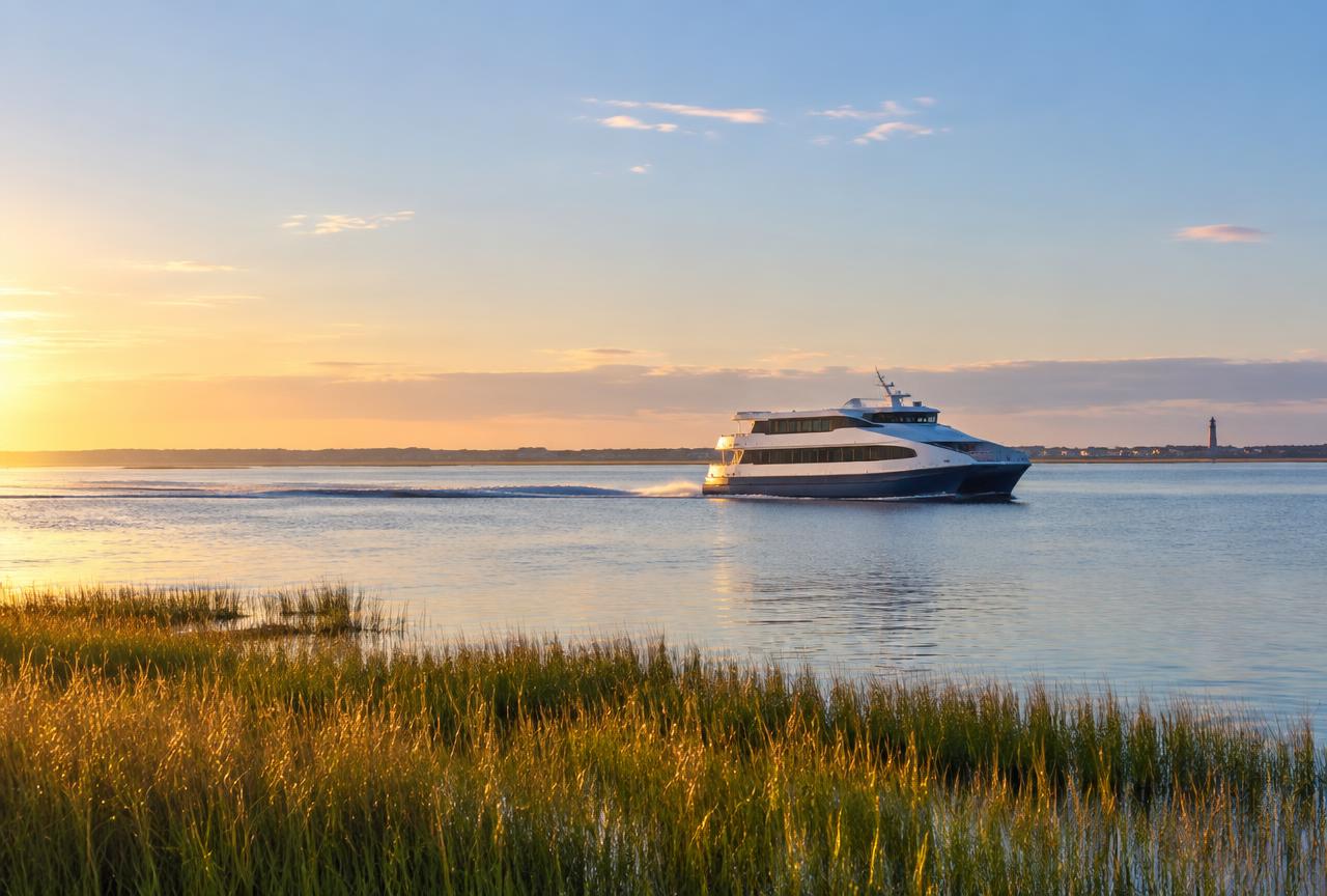 Commuter ferry crossing calm bay water past marsh grass on the flat New Jersey shore