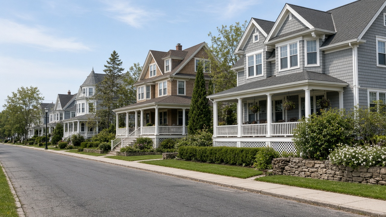 Shingle homes with wraparound porches on a quiet street in Deal