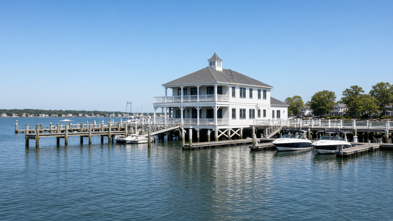 Bayside clubhouse on a pier with docked motorboats in Lavallette