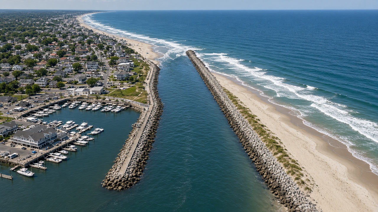 Aerial view of Manasquan Inlet with its stone jetties, marina and beach