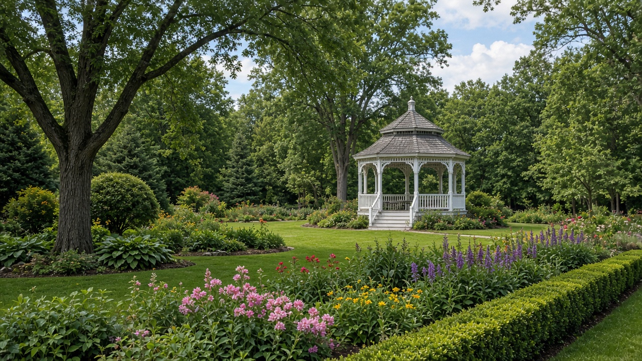 White gazebo in a leafy park with flower beds in Middletown