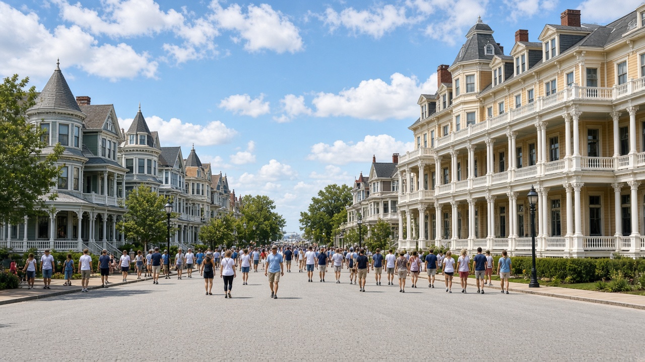 People walking down a wide street lined with large Victorian hotels in Ocean Grove