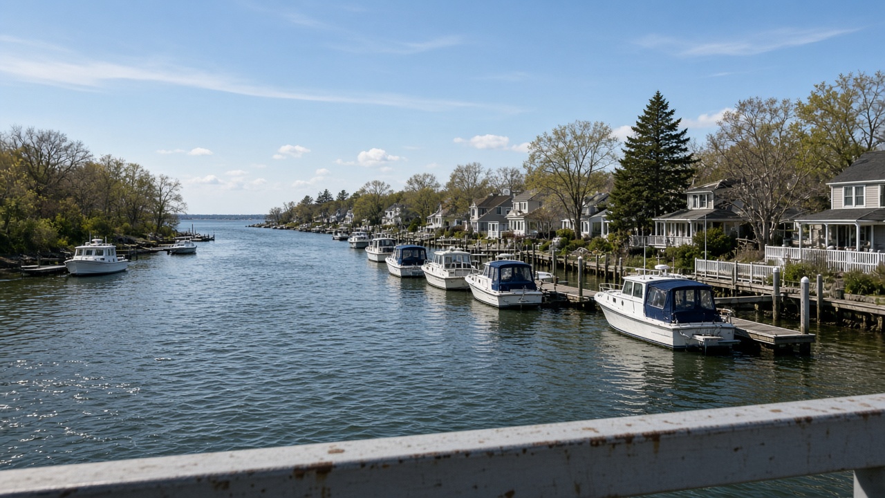 Boats docked along a calm river lined with homes in Point Pleasant