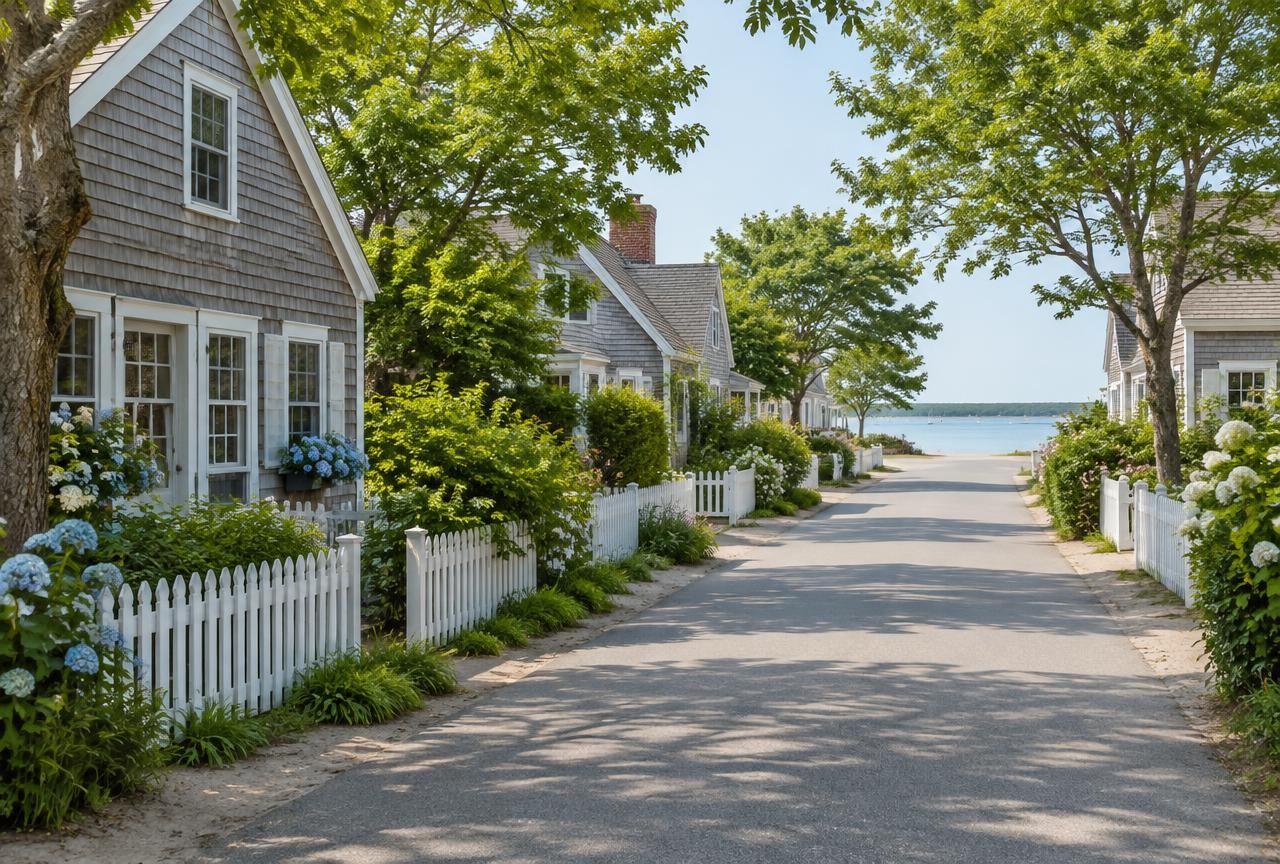 Tree-lined beach town street with shingle cottages, white picket fences and a glimpse of the bay
