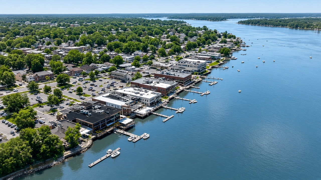Aerial view of downtown Red Bank and its marinas on the Navesink River