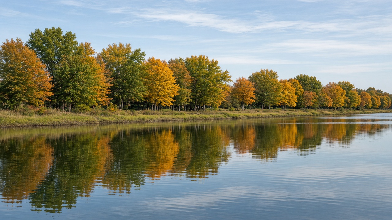 Calm river reflecting a line of autumn trees in Rumson