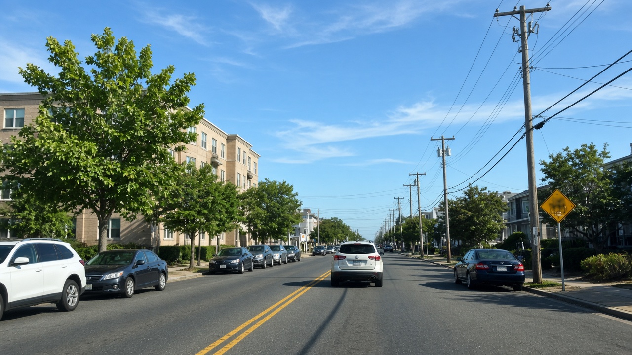 Ocean Avenue with parked cars and low-rise buildings in Sea Bright