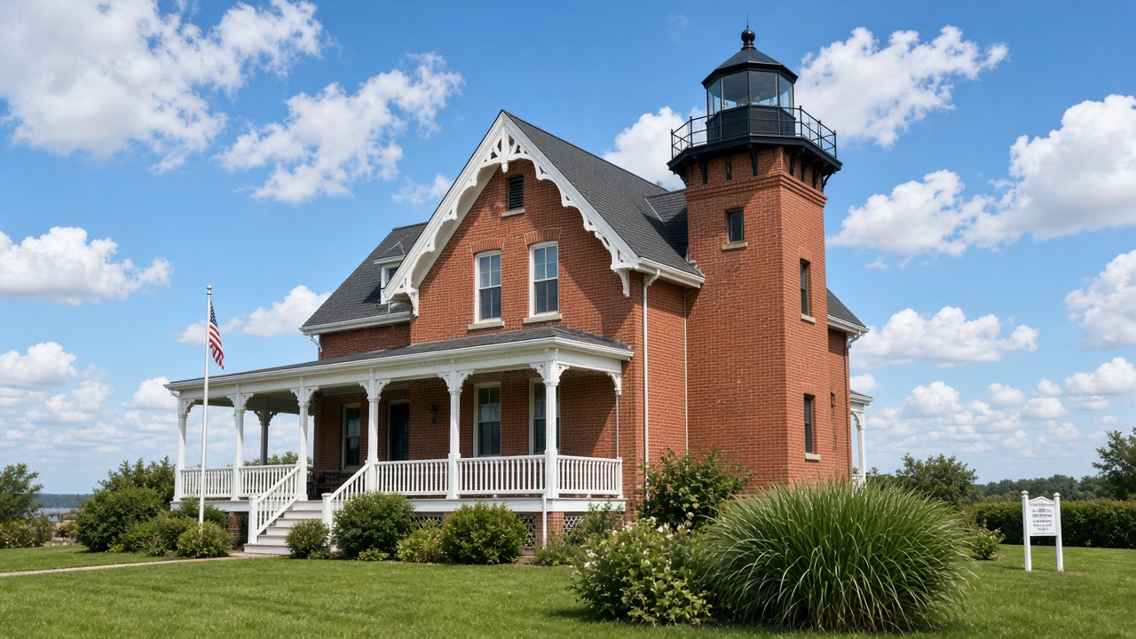 Red-brick Sea Girt Lighthouse with a white porch and green lawn