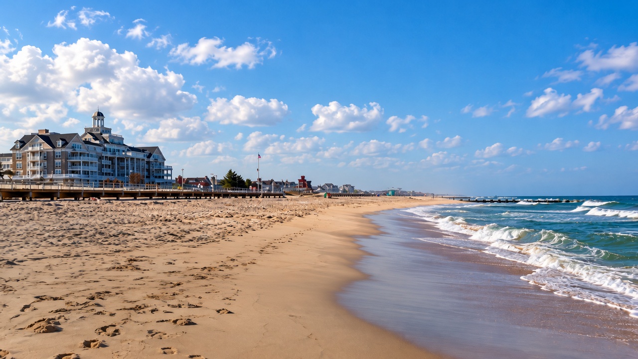 Spring Lake beach and boardwalk with the Essex and Sussex building