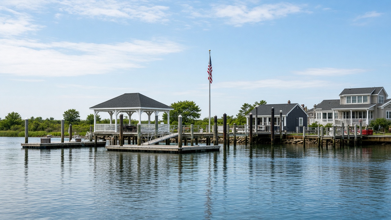 Gazebo on a dock over the calm Toms River with homes along the shore